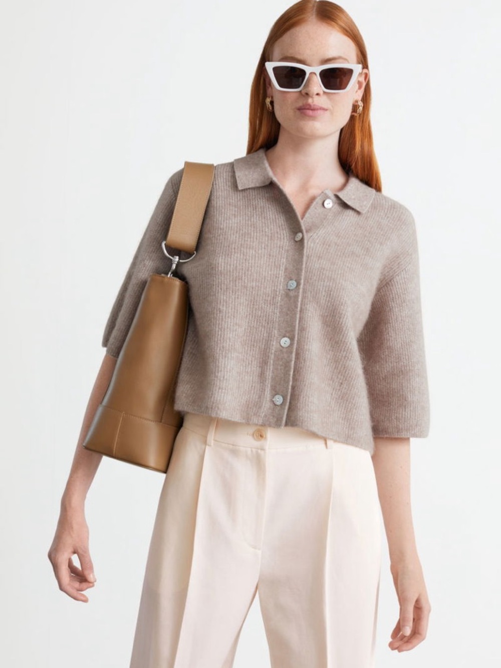 & Other Stories Wool-Alpaca Boxy Knit Short Sleeve Button Sweater Cardigan - S